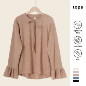 YOUMILIER Gentle Style Tie-Neck Flared Sleeve Ribbed Top